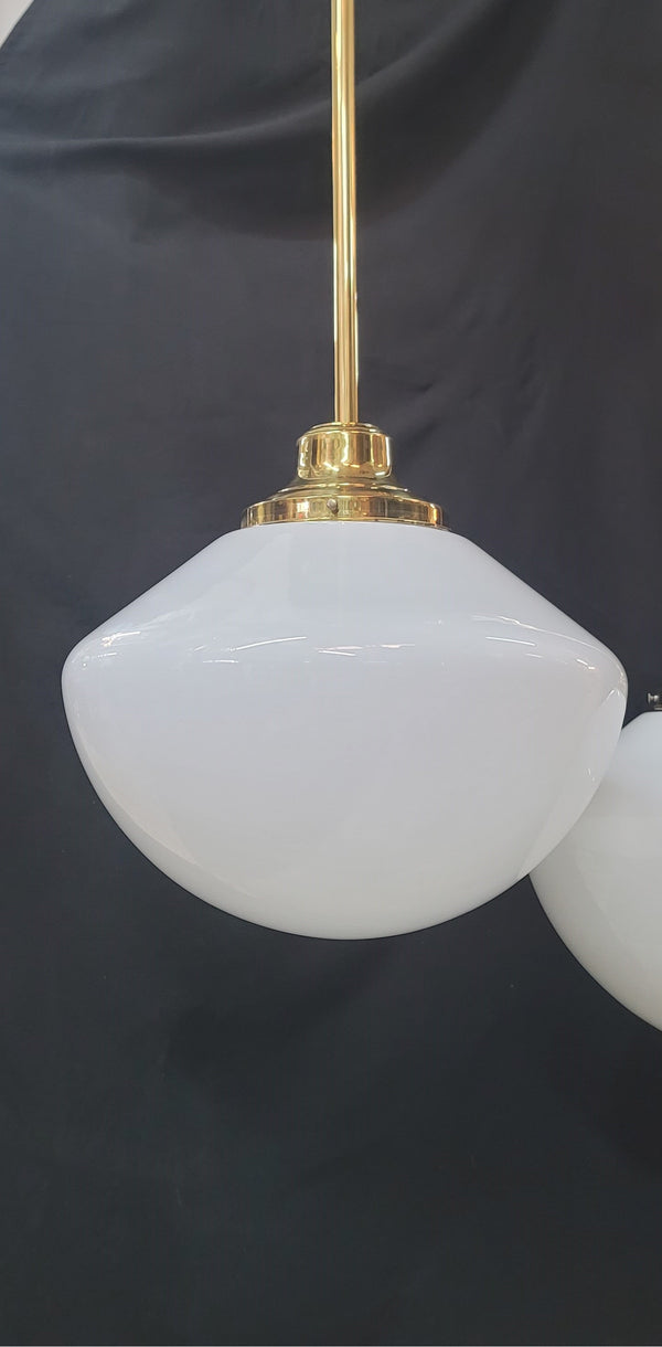 Restored Pair of Brass Pendant Lights w/ White Globes 49" T x 16" W GS01002