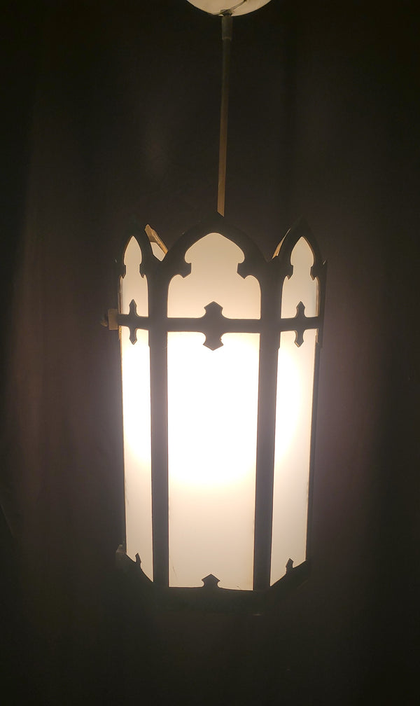 Gothic Brass Pendant Light w/ White Opaque Glass Panels 34" x 12" GS00953