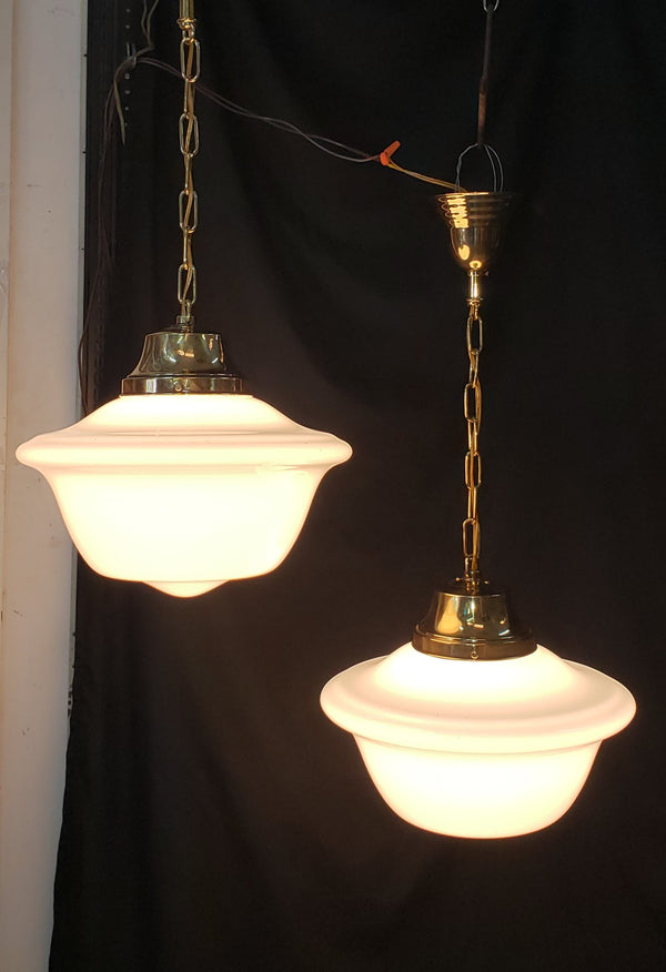 Pair of Restored Brass Pendant Lights w/ White Shades GS01080