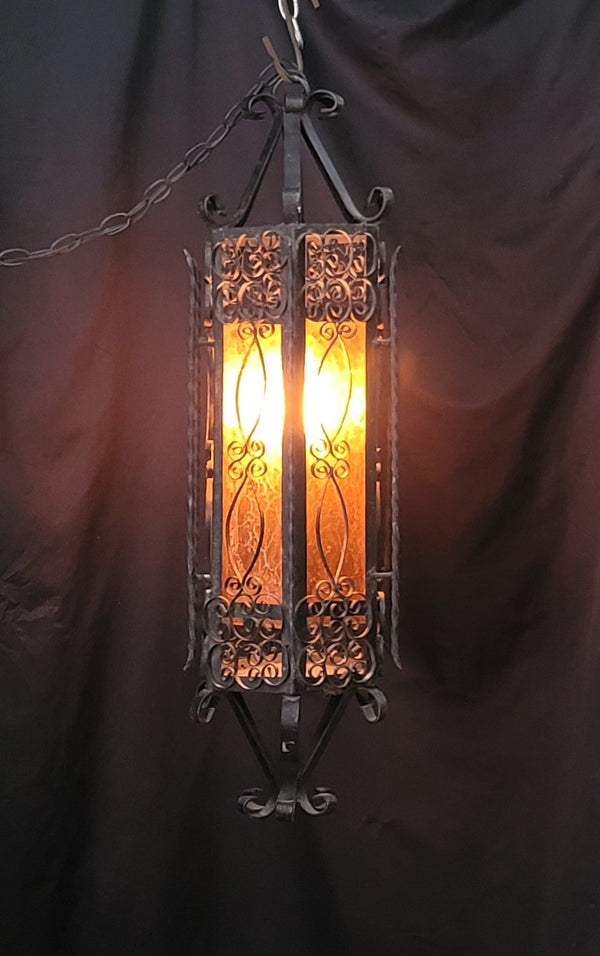 Victorian Gothic Wrought Iron Pendant Light w/ Textured Amber Glass 31"T GS00925