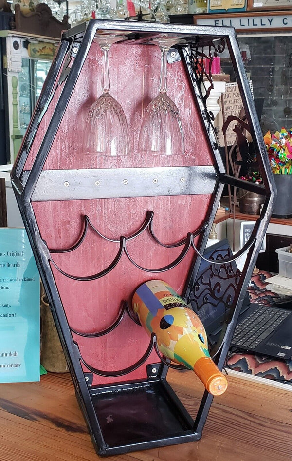 Custom Hand Crafted Coffin Shaped Iron & Wood Wine Rack GS00871