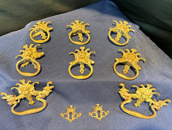Set of 10 Antique Brass Drawer Pulls + 2 Keyholes GA20405