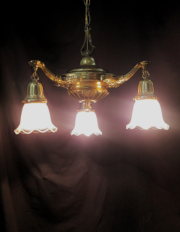 Restored 3 Light Victorian Brass Pan Chandelier w/ Shades 16" x 41" GS00986