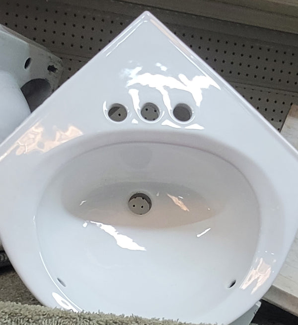 Small White Corner Porcelain Sink with 3 Hole Spread 22 1/4" x 22" GS00606