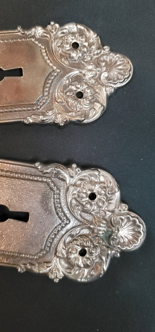 Restored Art Nouveau Door Knob Back Plates - 2 Pair 8 3/4" x 2 1/2" GS00581
