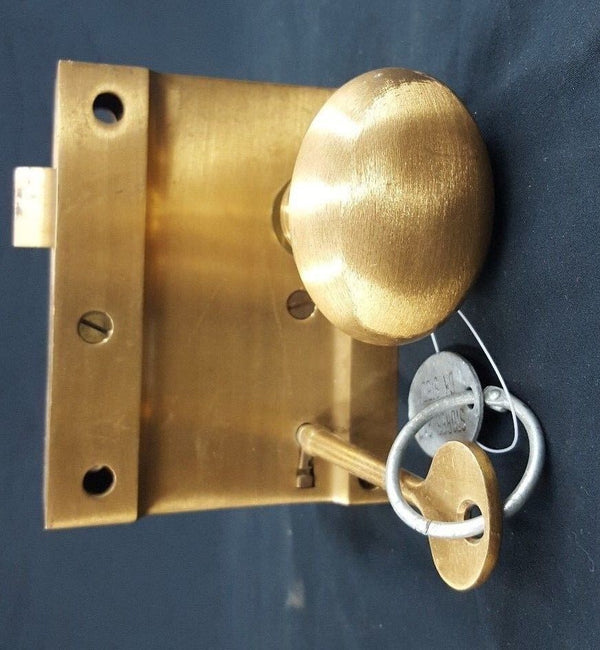 Brass Ship Rim Lock with Oval Knob Key and "Stores 2nd DK STBD" Fob