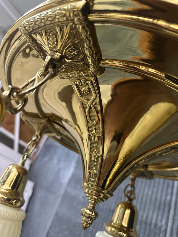Restored Antique Brass Pan 4-Arm Triple Chain Chandelier GA21008