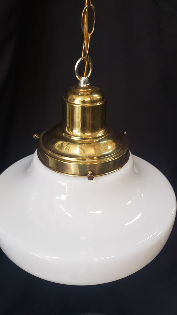 Restored Brass Pendant Light w/ Round White Shade GS01025