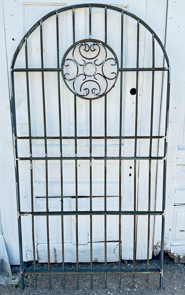 Restored Arched Antique Iron Gate w/ Flower Medallion GA20443