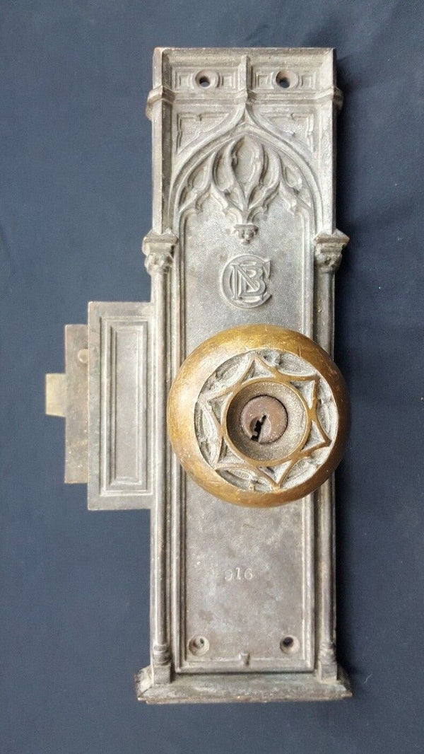 Early 1900s Ornate Bronze CNB Charlotte NC Bank Door Knob & Backplate GS00811