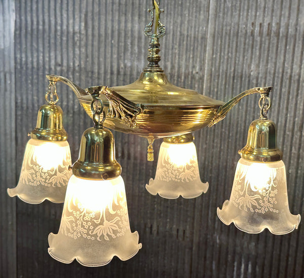 Restored Antique Brass Pan 4-Arm Chandelier GA21007