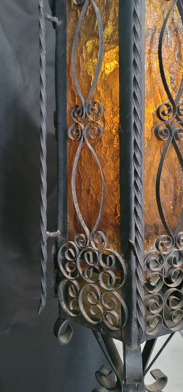 Victorian Gothic Wrought Iron Pendant Light w/ Textured Amber Glass 31"T GS00925