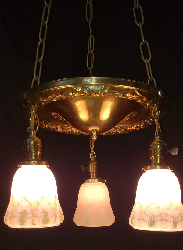 Restored Victorian 3 Light Brass Pan Chandelier w/ Shades 14"x 36" GS00978