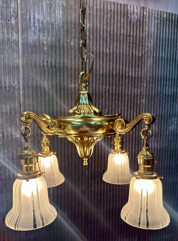 Restored Antique Brass Pan 4-Arm Chandelier GA21009