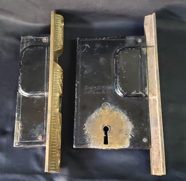 Restored 1870's Eastlake Victorian Pocket Door Lock Set w/ Key & More GS010925