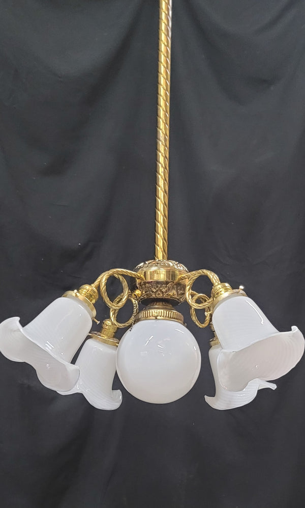 5 Light Ornate Brass Chandelier w/ White Striped Shades 25" x 36" GS00983