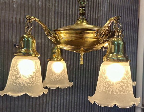 Restored Antique Brass Pan 4-Arm Chandelier GA21007