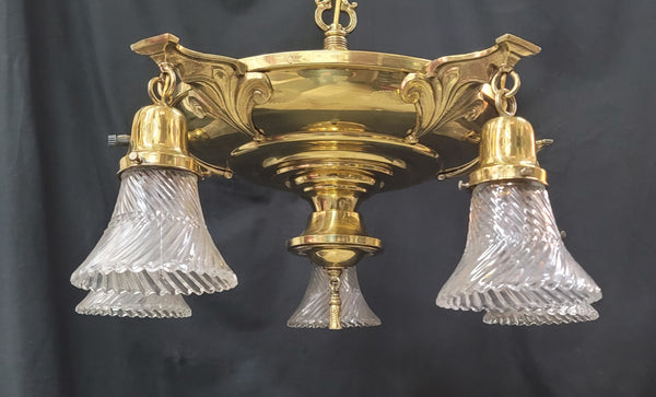 Restored 5 Light Brass Pan Chandelier w/ Glass Shades 22" x 15" GS00972