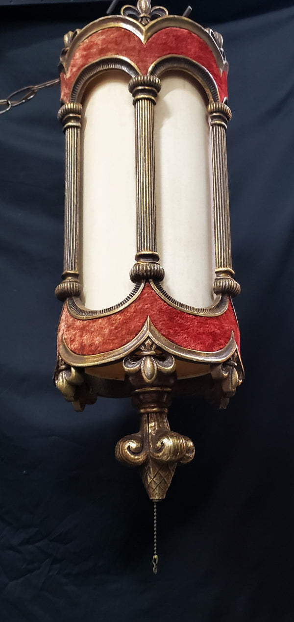 Vintage Cylinder Swag Pendant Light w/ Red Velvet Trim 24 1/2"x 9 1/2" GS00924