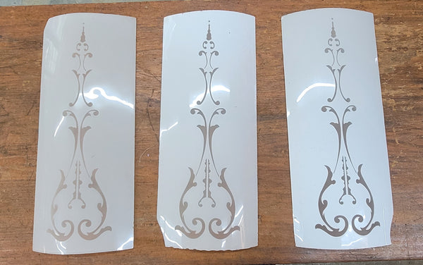 Set of 3 Victorian White Cased Curved Etched Glass Panels 24" x 10" GS00780