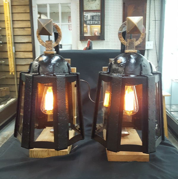 Restored Cast Iron Lantern Sconces w/ Wavy Glass 17 1/2" x 10 1/2" GA704