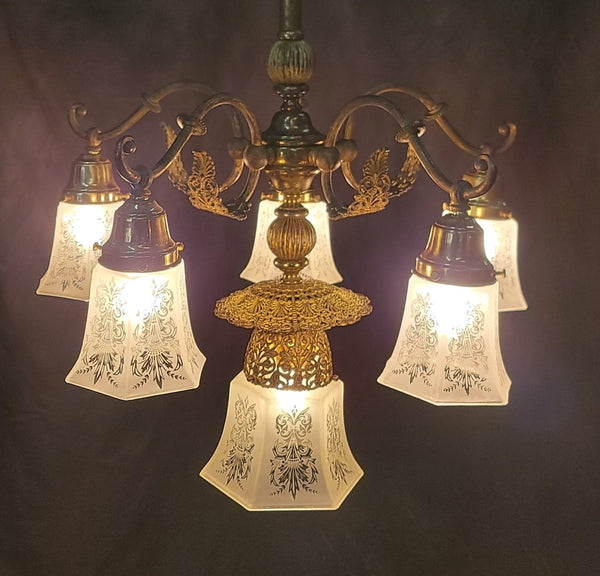 Ornate 6 Light Victorian Chandelier w/ Fluted Etched Shades 24" x 36" GS00997
