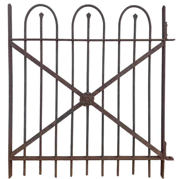 Antique Wrought Iron Hairpin Gate w/ Floral Medallion - 35" W x 39" T - GA20981