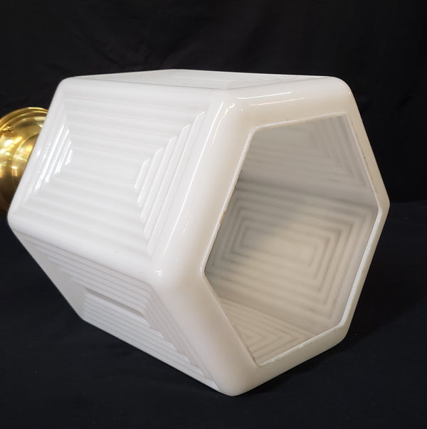 Restored Brass Art Deco Flush Mount Light w/ White Geometric Shade GA40711