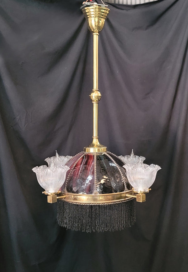 Restored Victorian 6 Light Chandelier w/ Slag Glass & Shades 26" x 35" GS01071