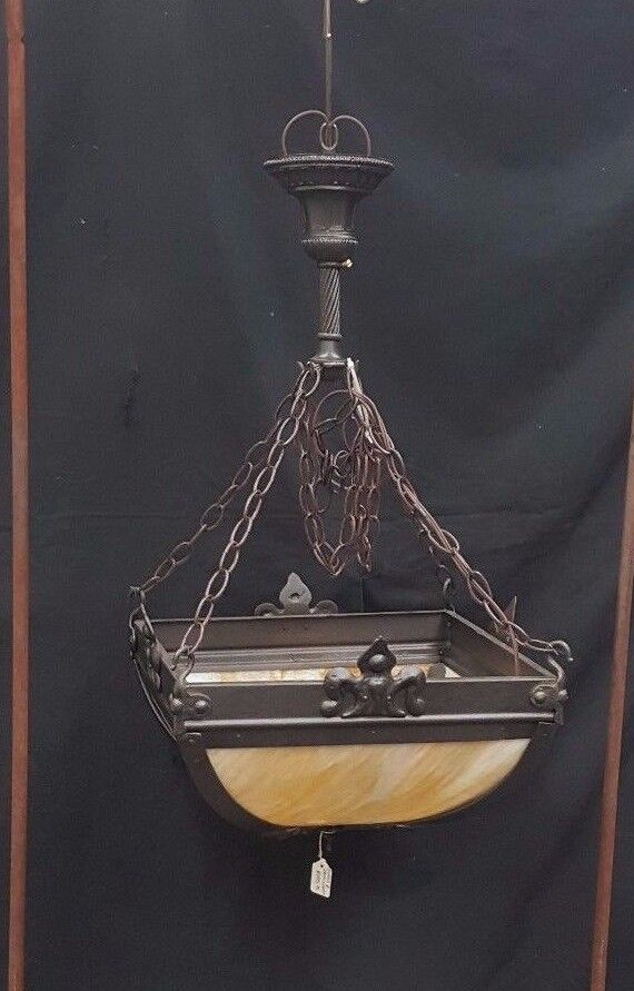 Large Square Wrought Iron and Stained Glass 4 Light Ceiling Fixture Chandelier