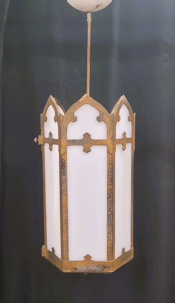 Gothic Brass Pendant Light w/ White Opaque Glass Panels 34" x 12" GS00953