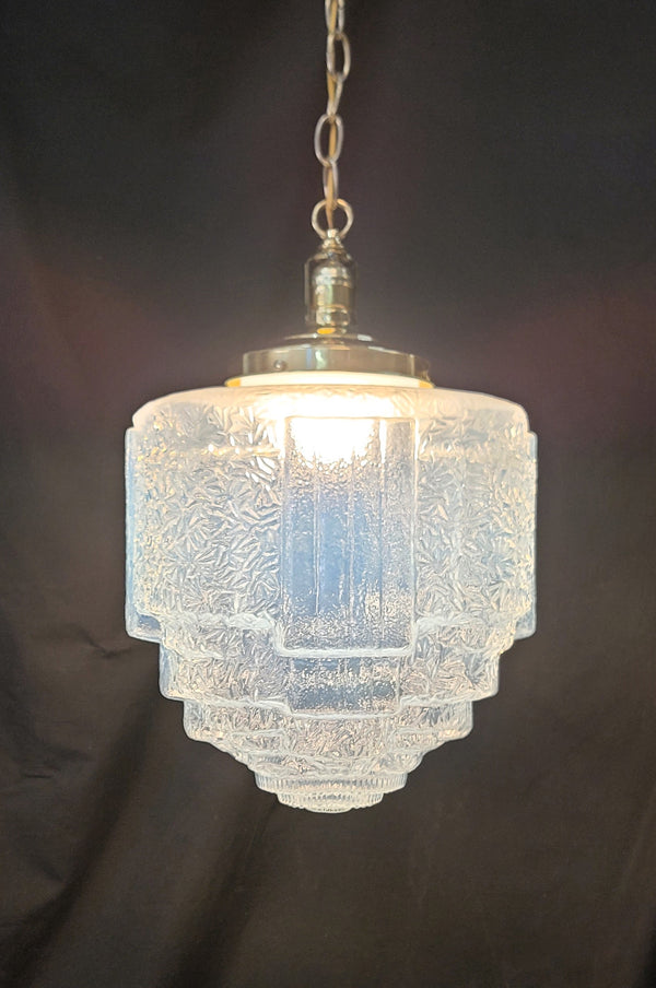 Restored Art Deco Pendant Light w/ Textured Tiered Opalescent Shade GS01023