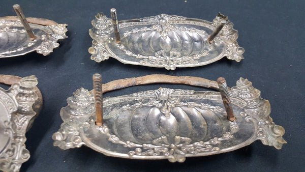 Architectural Salvage Ornate Wide Brass Embossed Design Drawer Pulls Set of 4