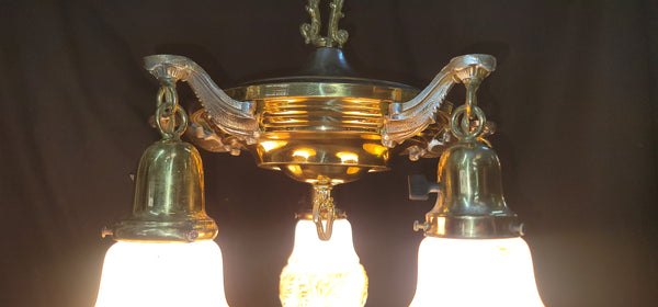 Vintage 5 Light Two Tone Brass Pan Chandelier 18" x 16" GS00970