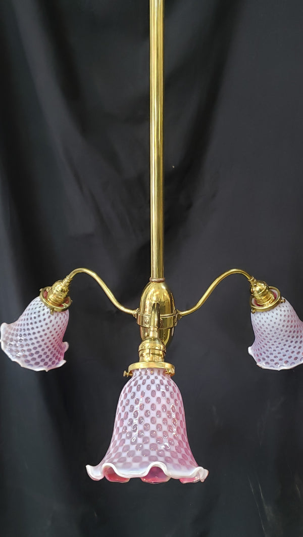 1900's Victorian 3 Light Chandelier w/ Fenton Coin Dot Shades 26"x 47" GS00977