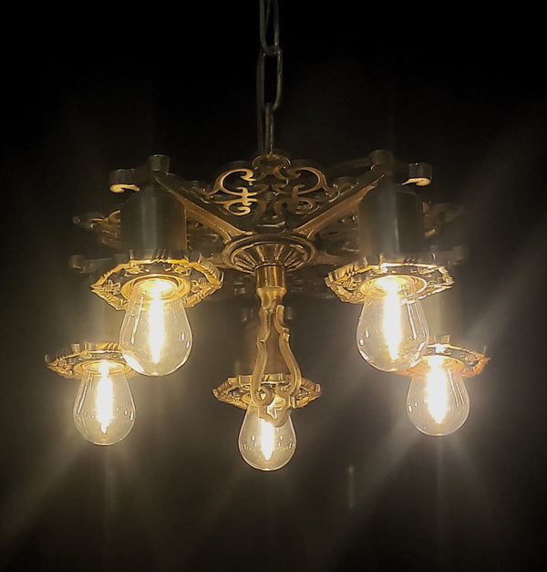 Restored Ornate Art Nouveau Solid Brass 5 Light Chandelier 13"x 30" GS00985