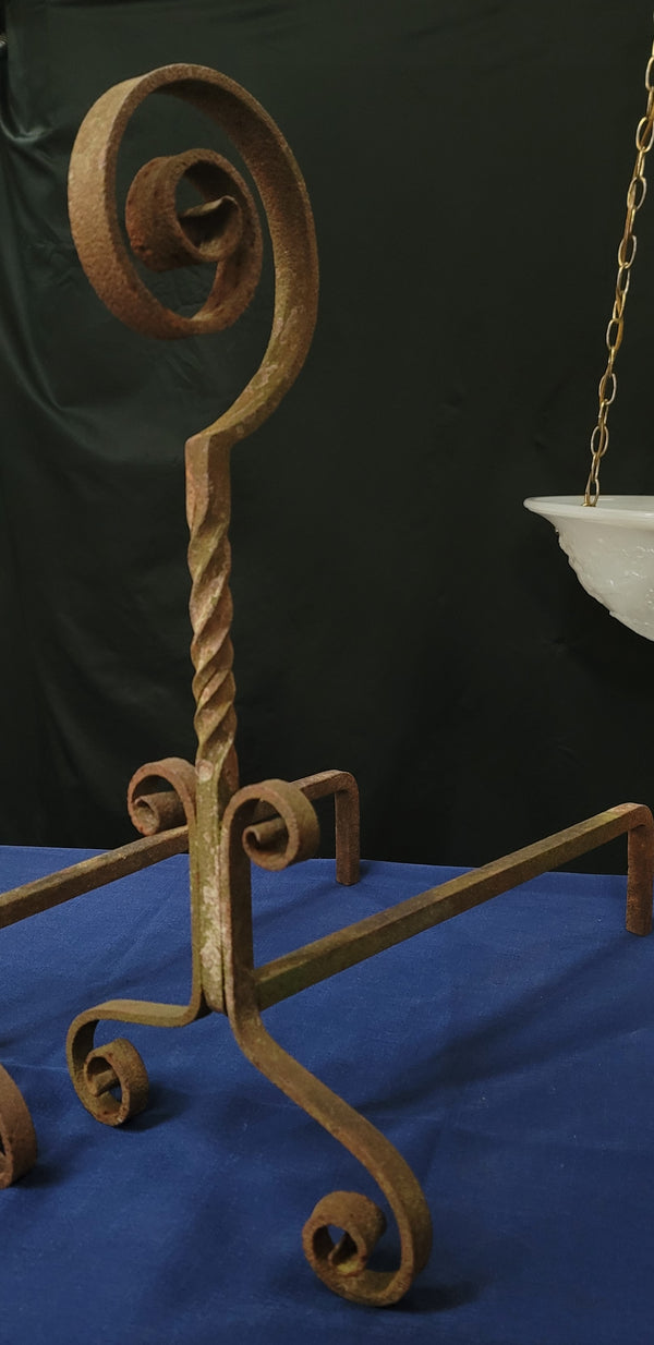 Vintage Pair of Art Deco Wrought Iron Andirons 20" T x 10" W GS00842