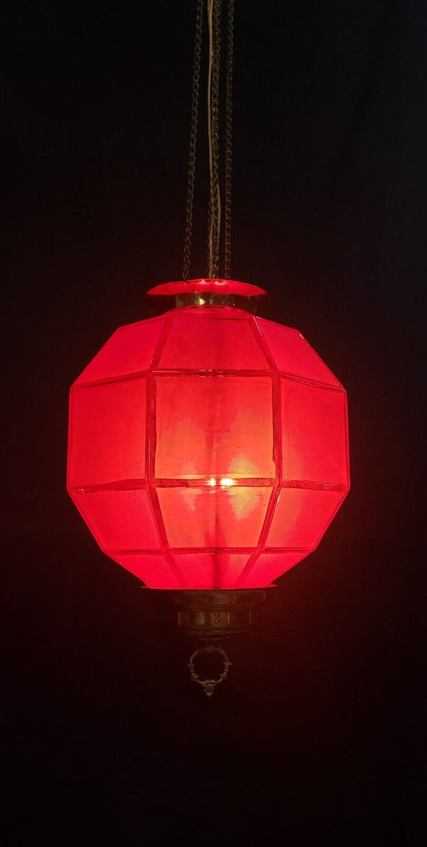 Red Frosted Octagon Hanging Oil Lamp Electrified with Brass Fitters GS00125