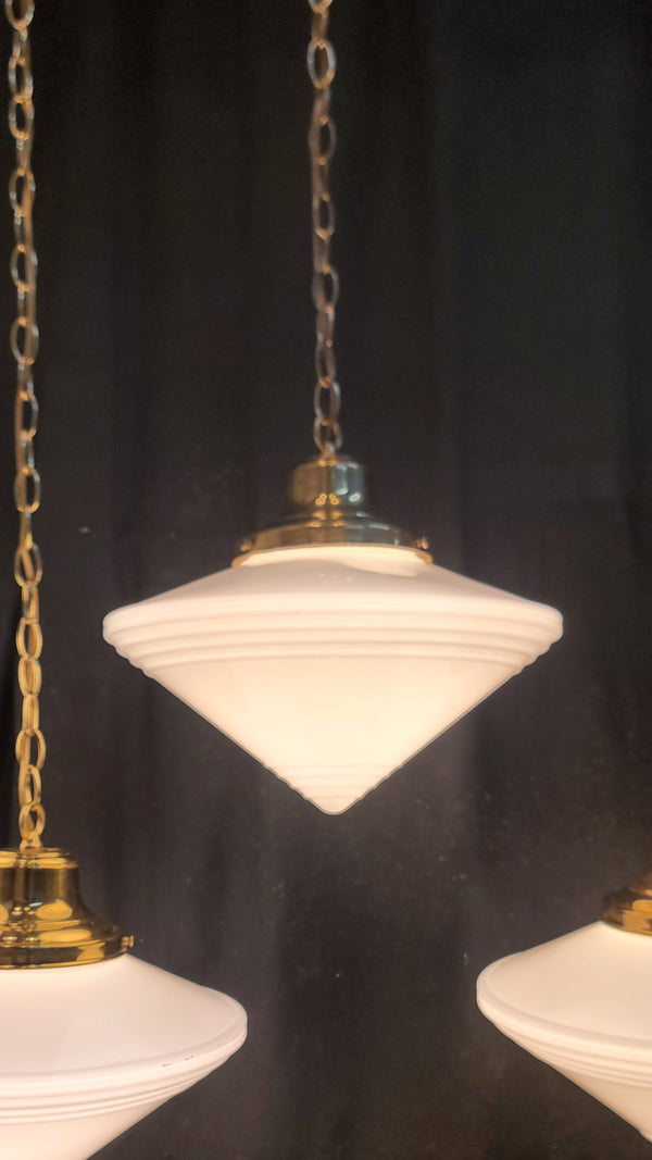 Set of 4 Restored Art Deco Brass Pendant Lights w/ Pointed Bullseye Shades GS01032