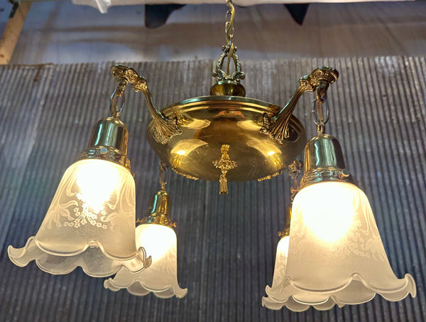 Restored Antique Brass Pan 4-Arm Chandelier GA21010
