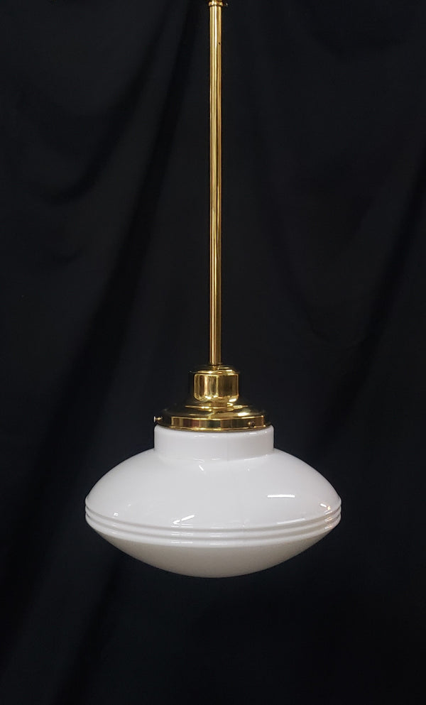 Restored Flush Mount Pendant Fixture w/ White Ribbed Shade 14" x 35" GS01010