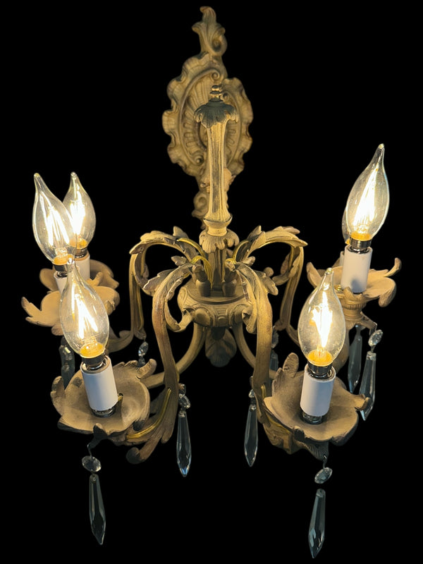 Restored Antique Solid Brass 5-Light Wall Sconce w/ Crystal Pendants GA20707