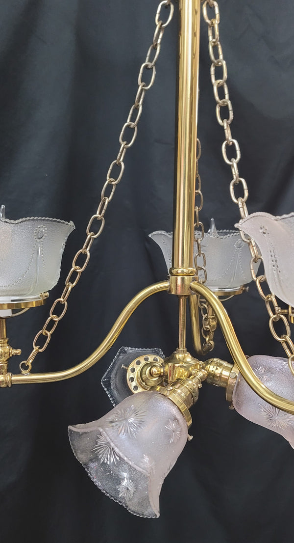 Restored Gas Converted 6 Light Brass Chandelier w/ Shades 31" T x 21" GS00948