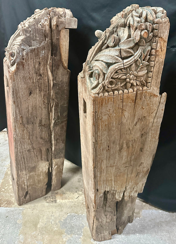 Antique Primitive Hand-Carved White Oak Newel Post Pair GA20529