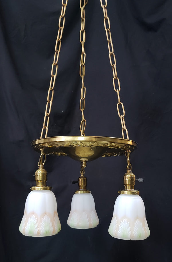 Restored Victorian 3 Light Brass Pan Chandelier w/ Shades 14"x 36" GS00978
