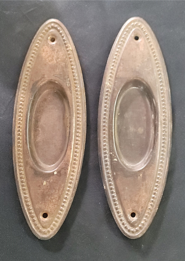 Pair of Oval Pocket Door Escutcheon Plates w/ Beaded Trim 7" x 2 3/8" GS00880