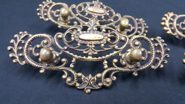 Architectural Salvage Victorian Ornate Brass Filigree Wide Drawer Pulls Set of 4