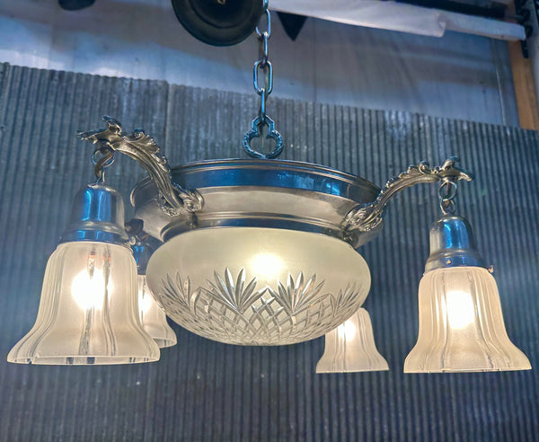 Restored Art Deco Chrome Plate 5-Light Pan Chandelier GA21012