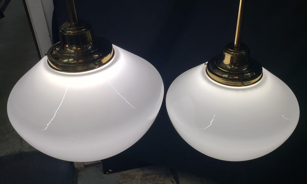 Restored Pair of Brass Pendant Lights w/ White Globes 49" T x 16" W GS01002