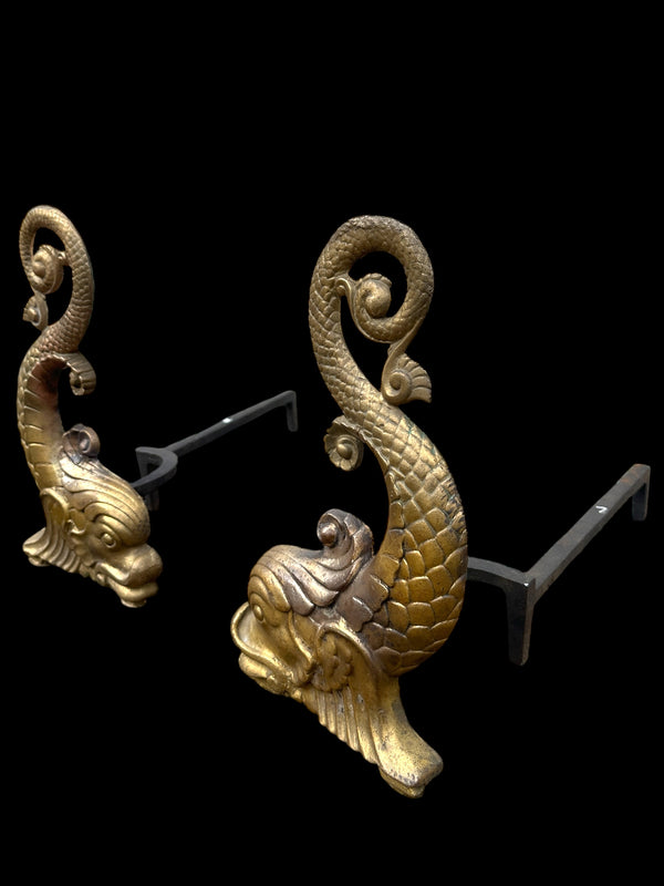 Restored Pair of Solid Brass Dolphin Fish Andirons GA20590